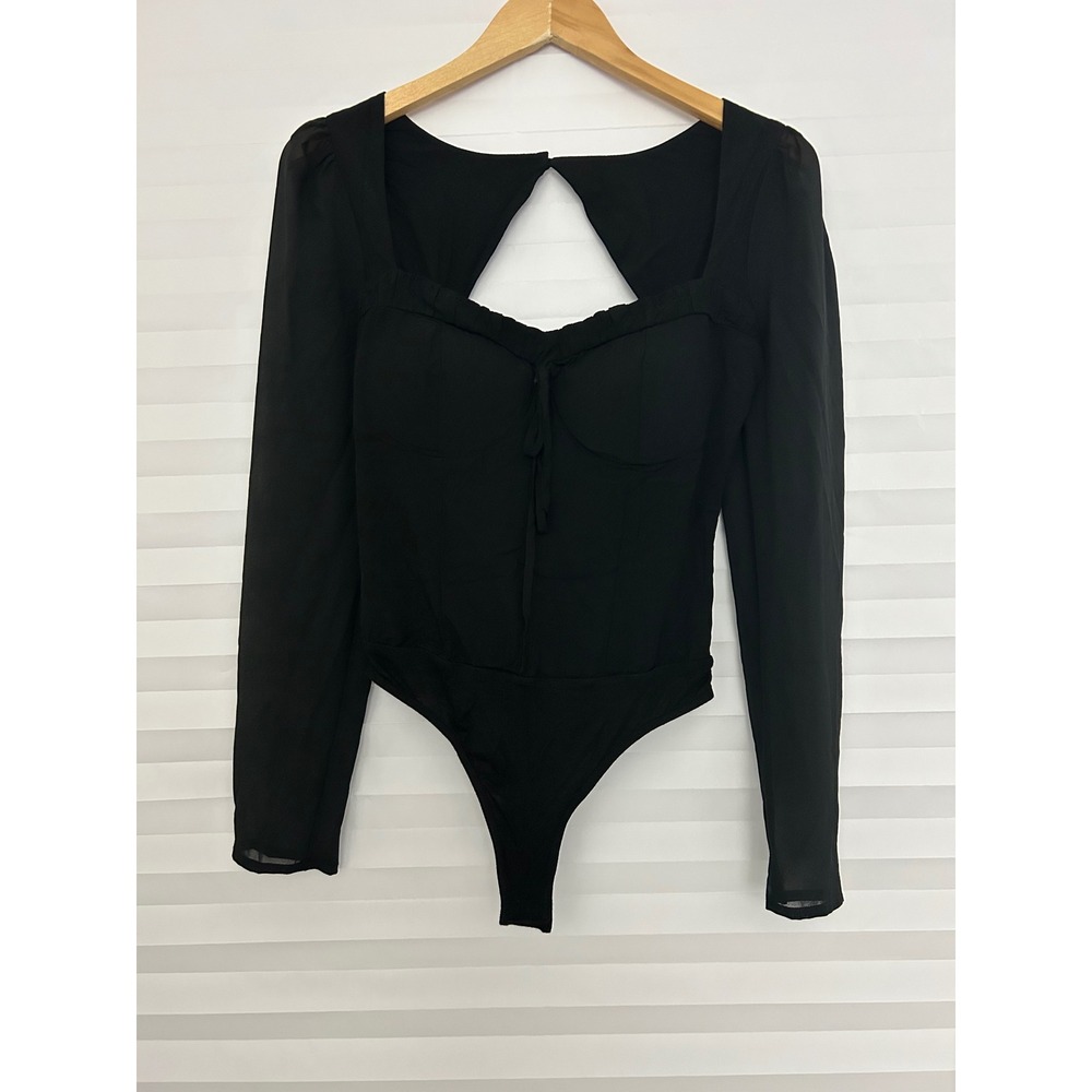 Lulus Black Coquette Bustier Bodysuit Cutout Back Sweetheart Neck Chic XS NWT